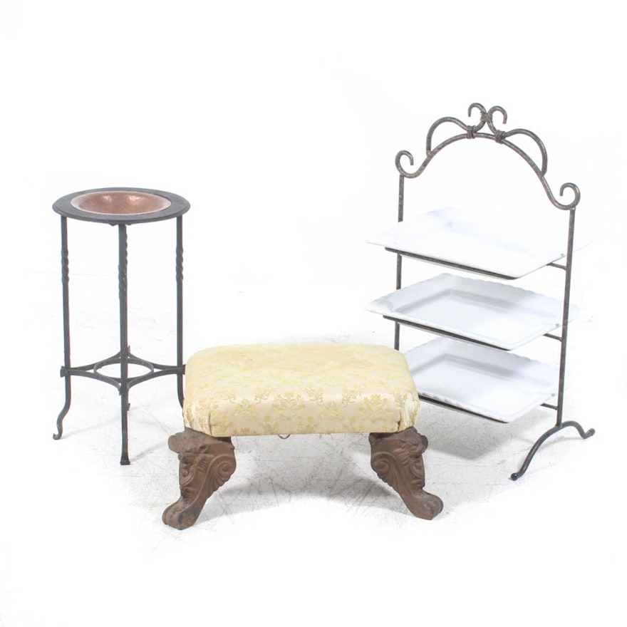 Iron Decor Featuring Victorian Cast Iron Footstool and Three-Tier Serving Table