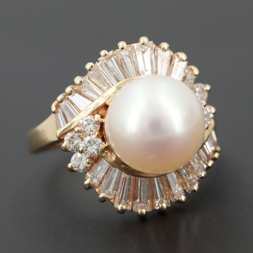 14K Yellow Gold Cultured Pearl and 1.01 CTW Diamond Ring
