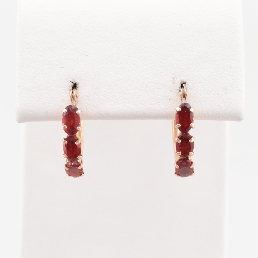 10K Yellow Gold Garnet Hoop Earrings