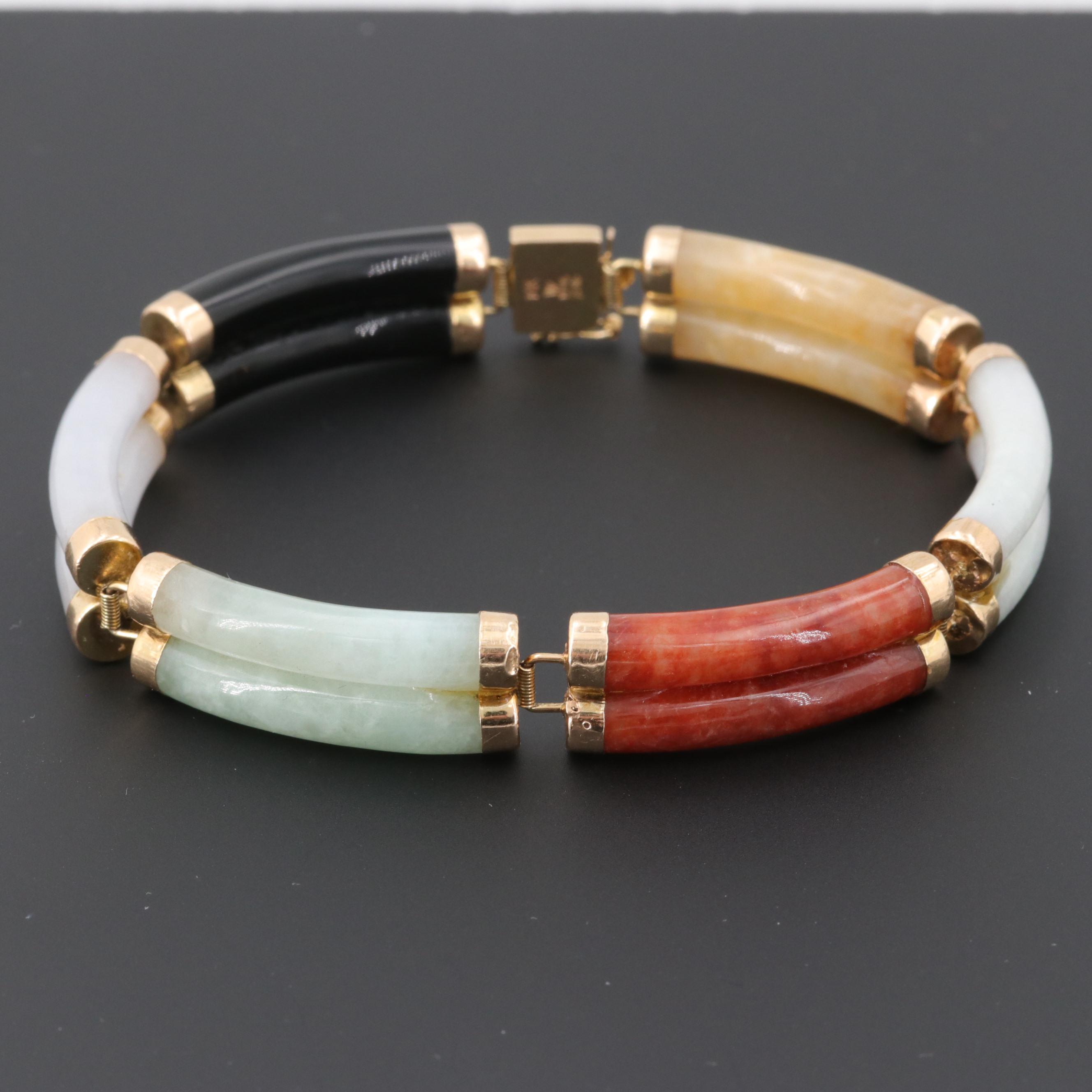 Asian Style 14K Yellow Gold Dyed Jadeite and Black Onyx Bracelet