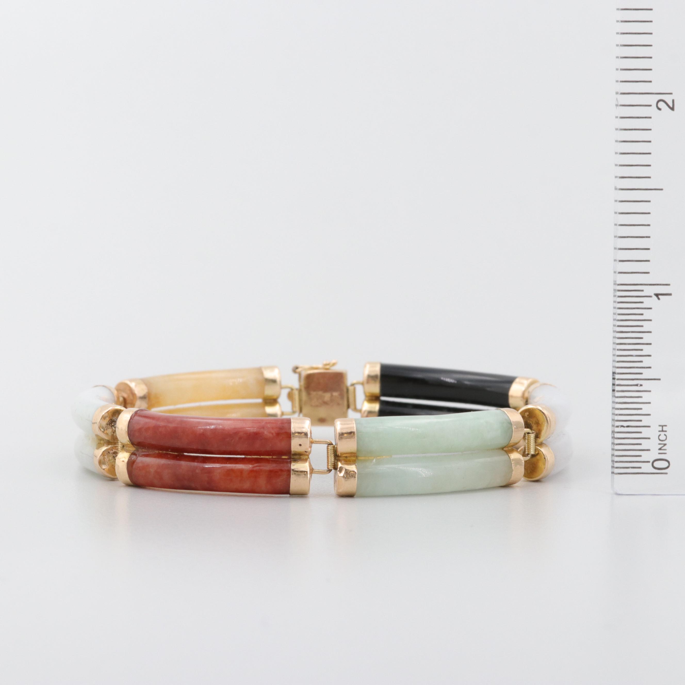 Asian Style 14K Yellow Gold Dyed Jadeite and Black Onyx Bracelet