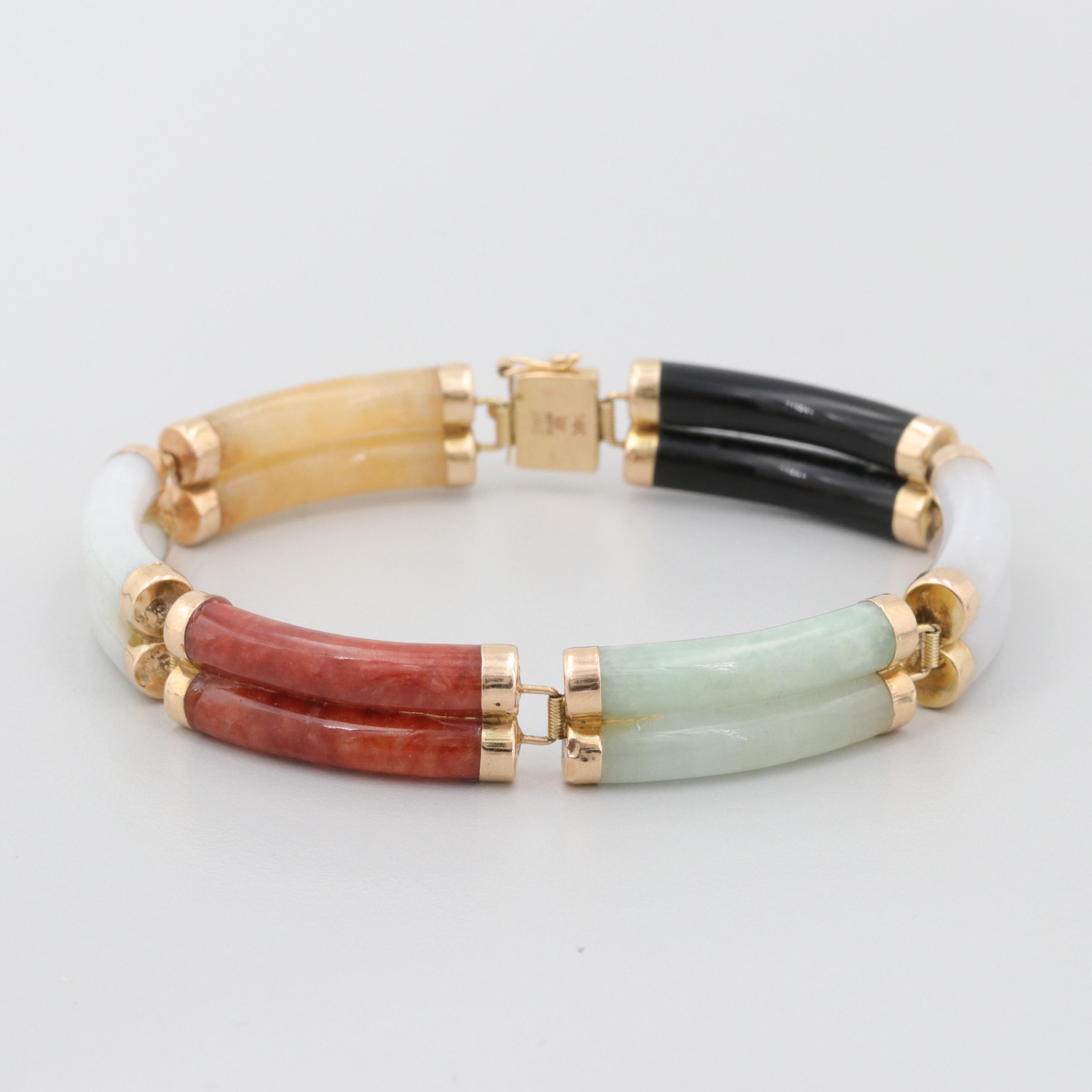 Asian Style 14K Yellow Gold Dyed Jadeite and Black Onyx Bracelet