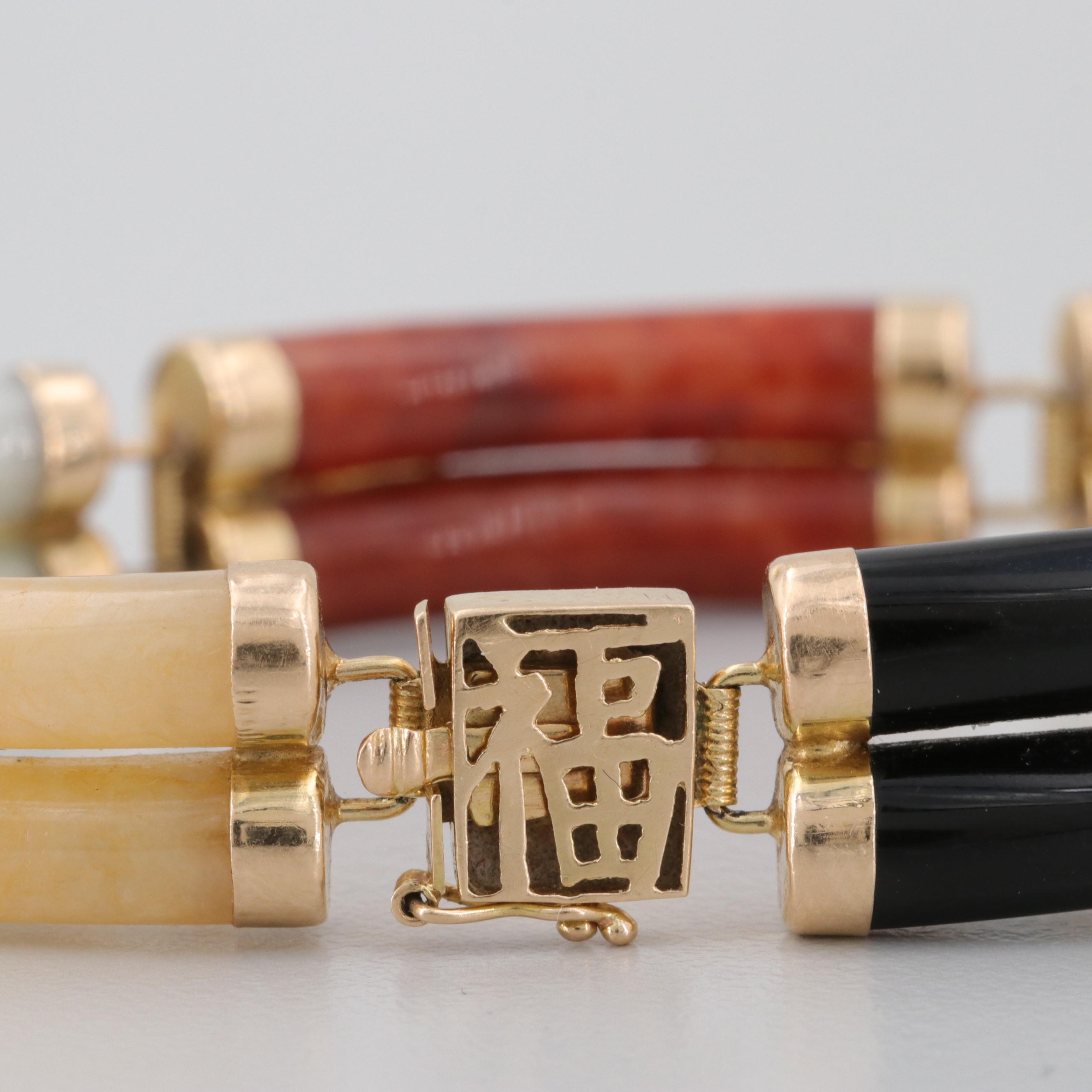 Asian Style 14K Yellow Gold Dyed Jadeite and Black Onyx Bracelet