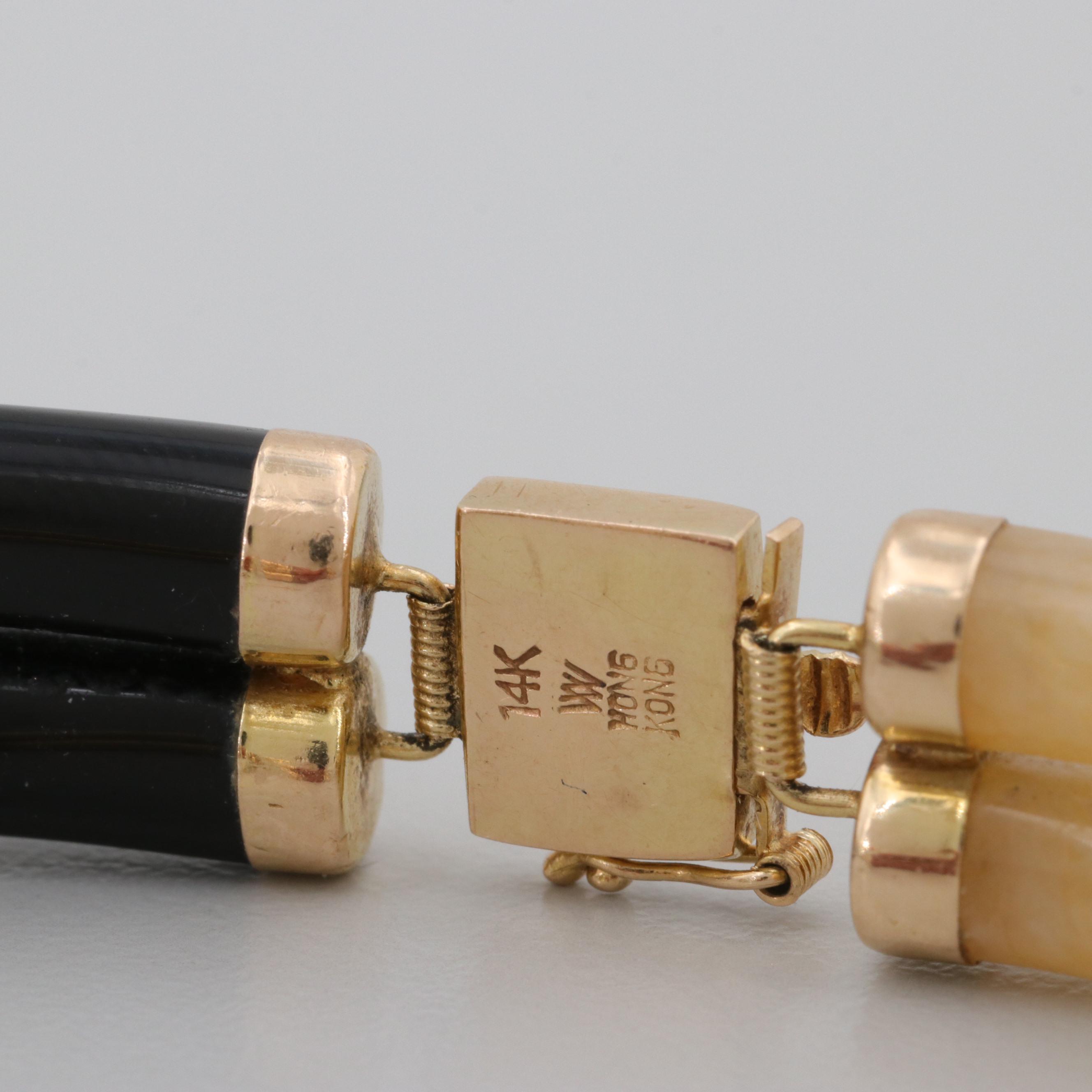 Asian Style 14K Yellow Gold Dyed Jadeite and Black Onyx Bracelet