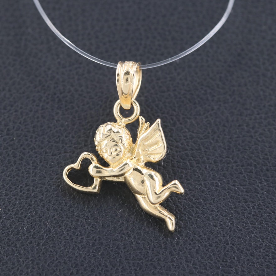 14K Yellow Gold Cupid and Heart Pendant