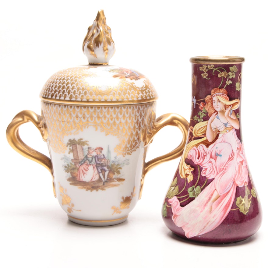 Hand-Painted Brass and Ceramic Vase and Porcelain Two-Handled Urn