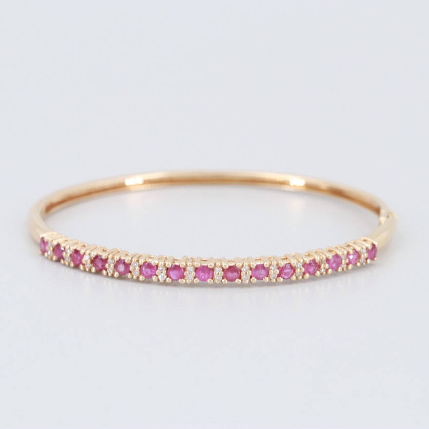 14K Yellow Gold Diamond and Ruby Hinged Bangle Bracelet