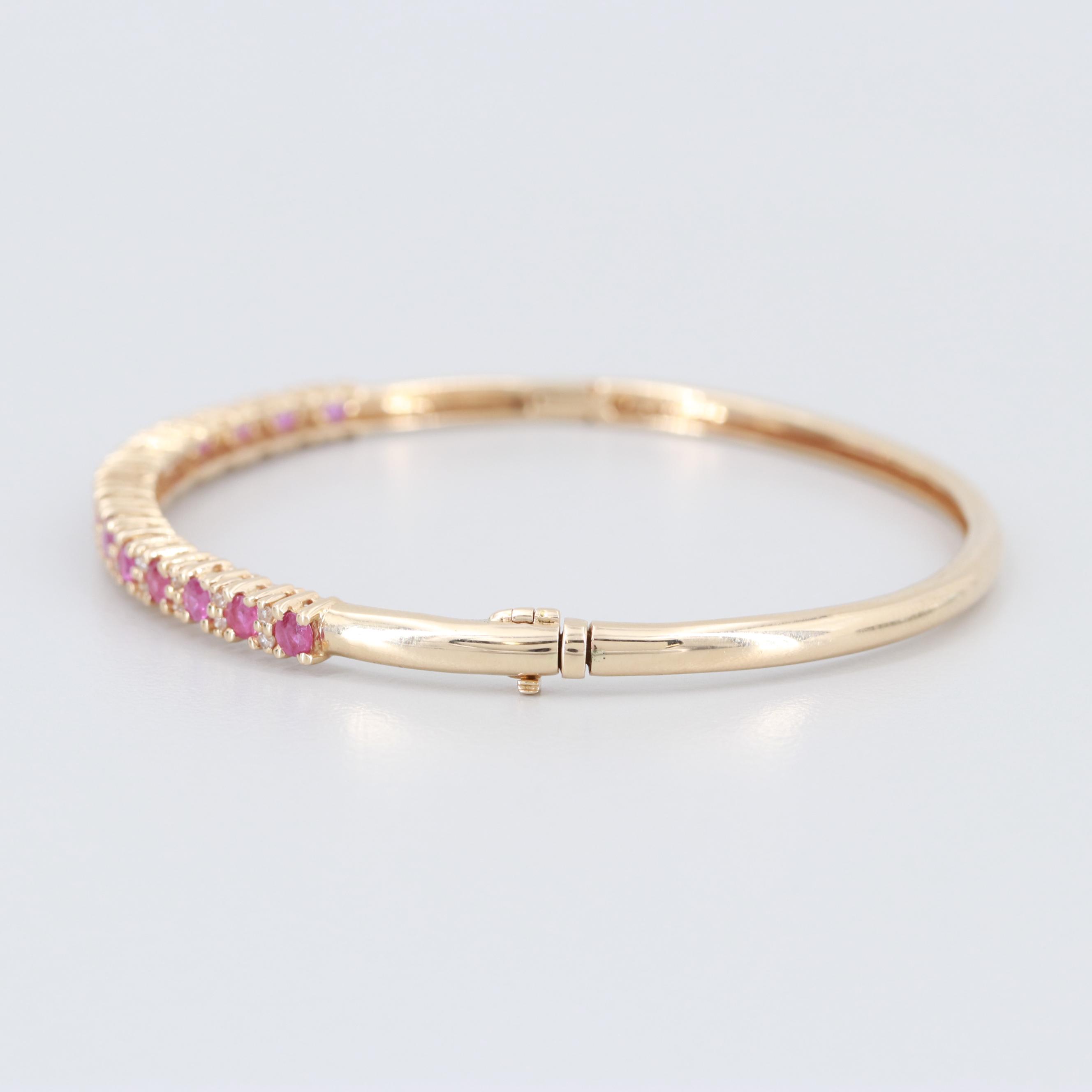 14K Yellow Gold Diamond and Ruby Hinged Bangle Bracelet