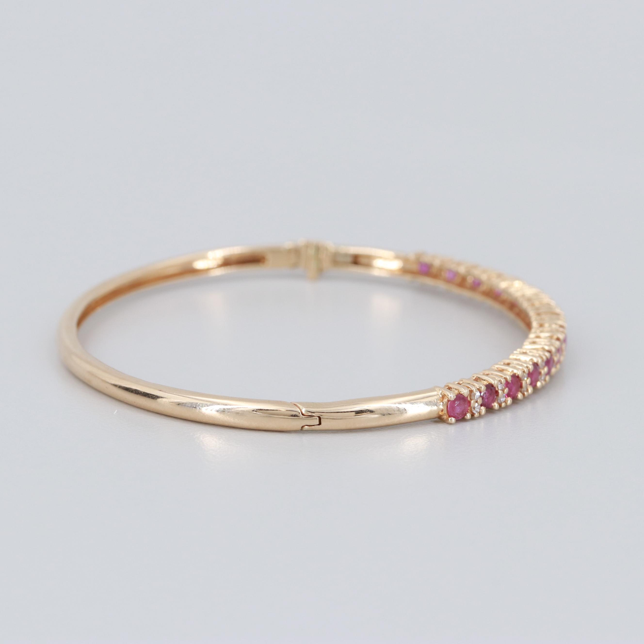 14K Yellow Gold Diamond and Ruby Hinged Bangle Bracelet