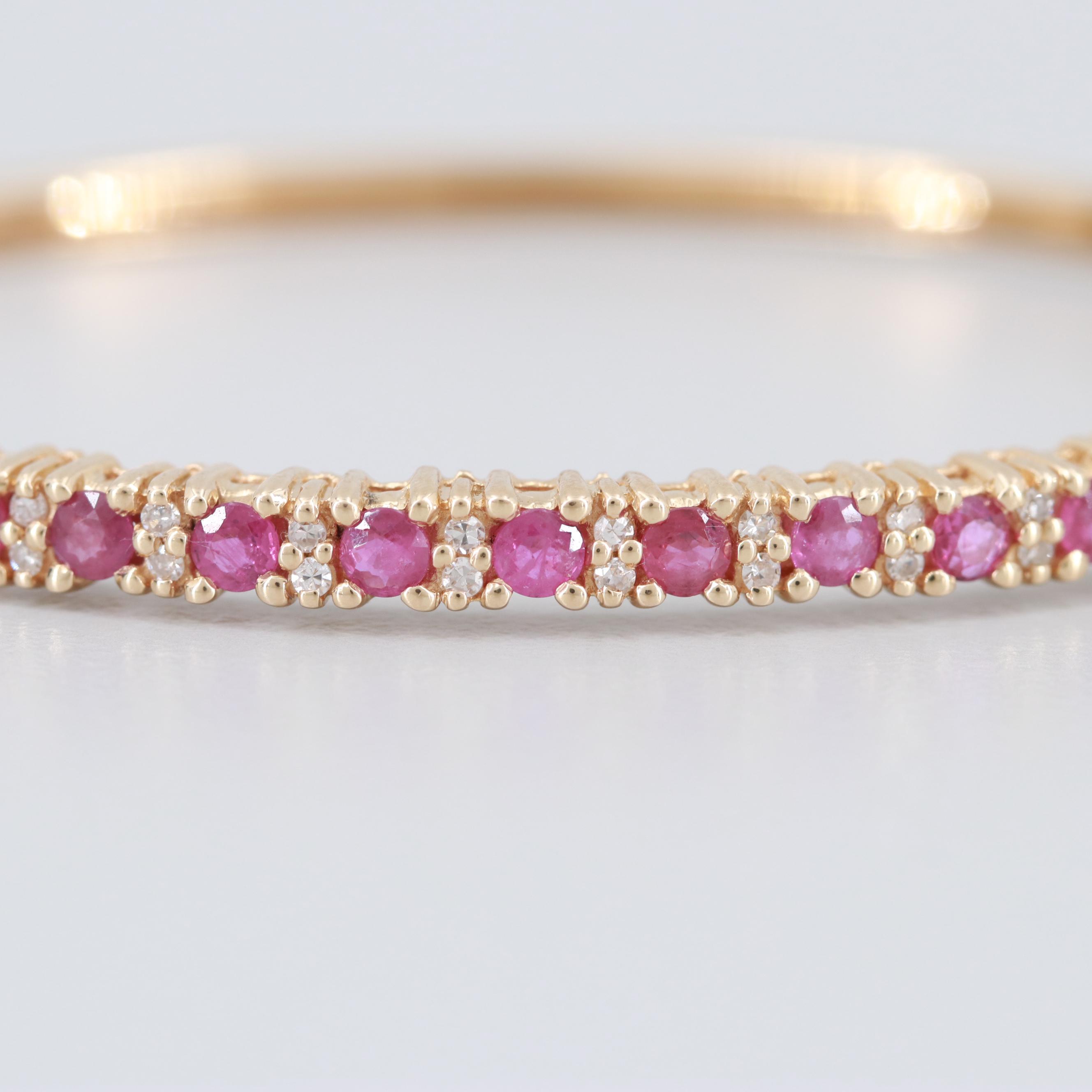 14K Yellow Gold Diamond and Ruby Hinged Bangle Bracelet