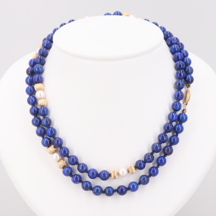 14K Yellow Gold Lapis Lazuli and Cultured Pearl Hand Knotted Beaded Necklace