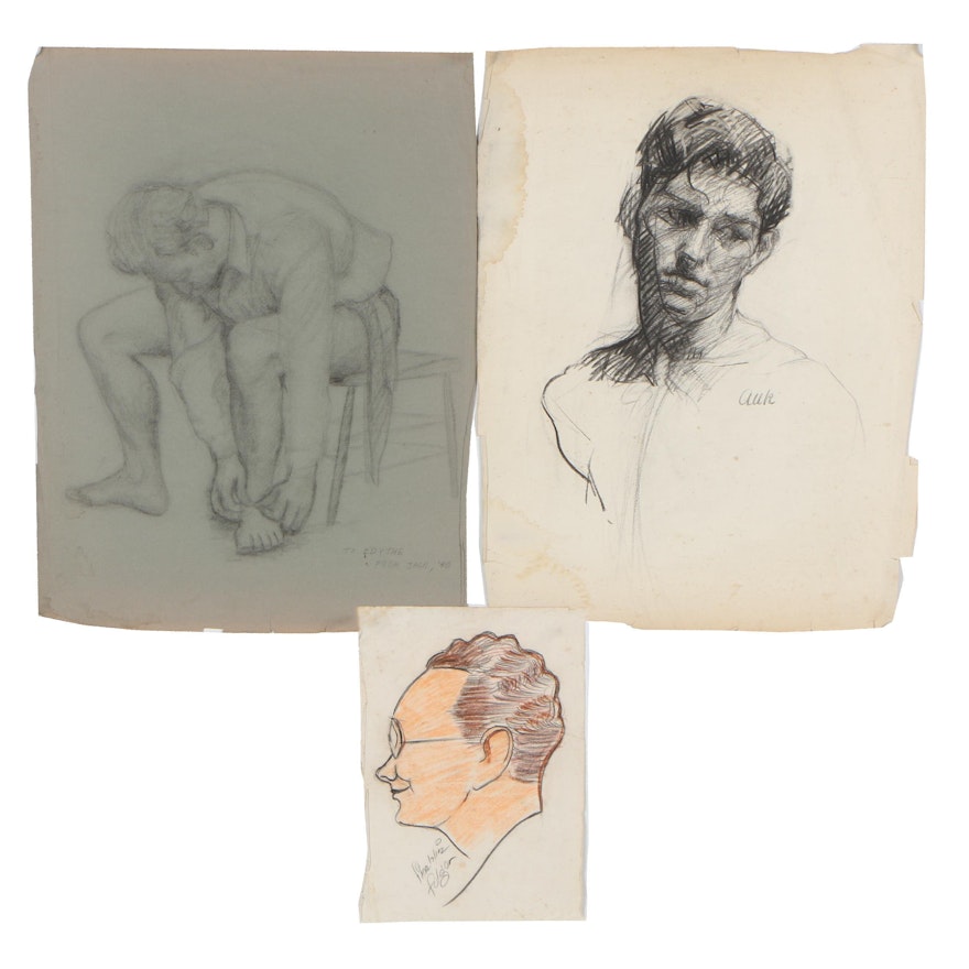 1940-1950s Charcoal Drawings Featuring Franklin Folger's Illustration