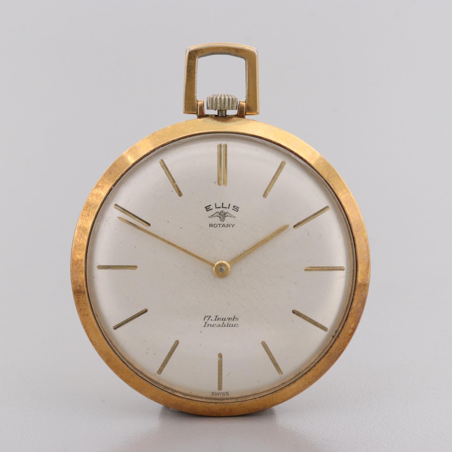 Vintage Ellis Rotary Gold-Tone Open Face Pocket Watch