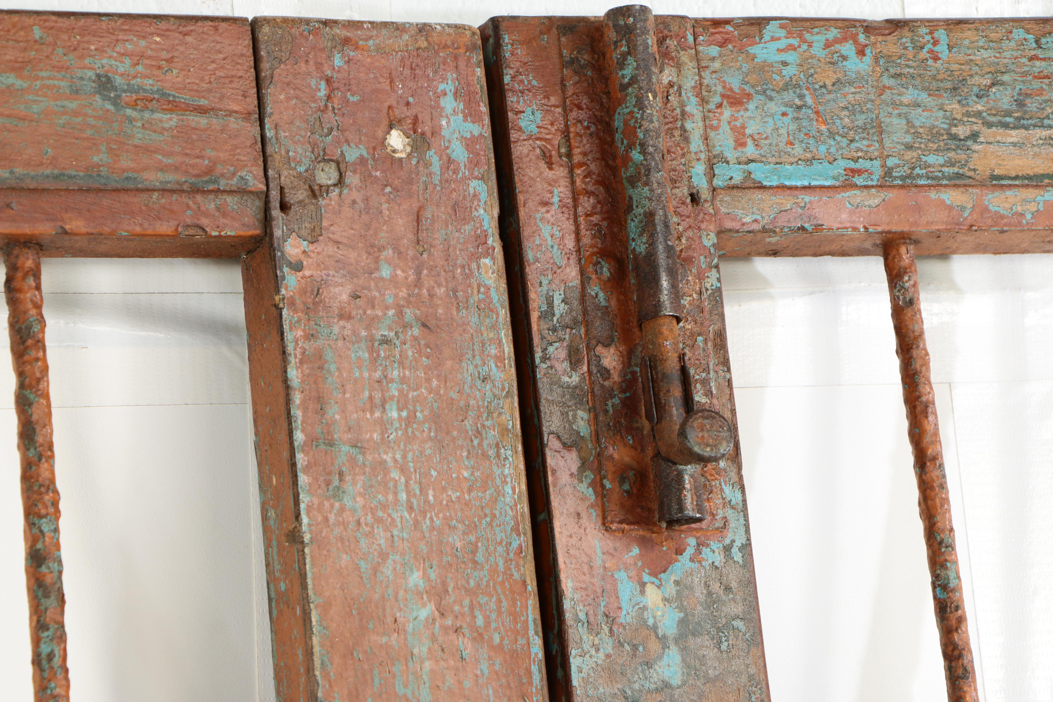 Reclaimed Indian Hardwood French Doors with Iron Security Bars, 20th Century