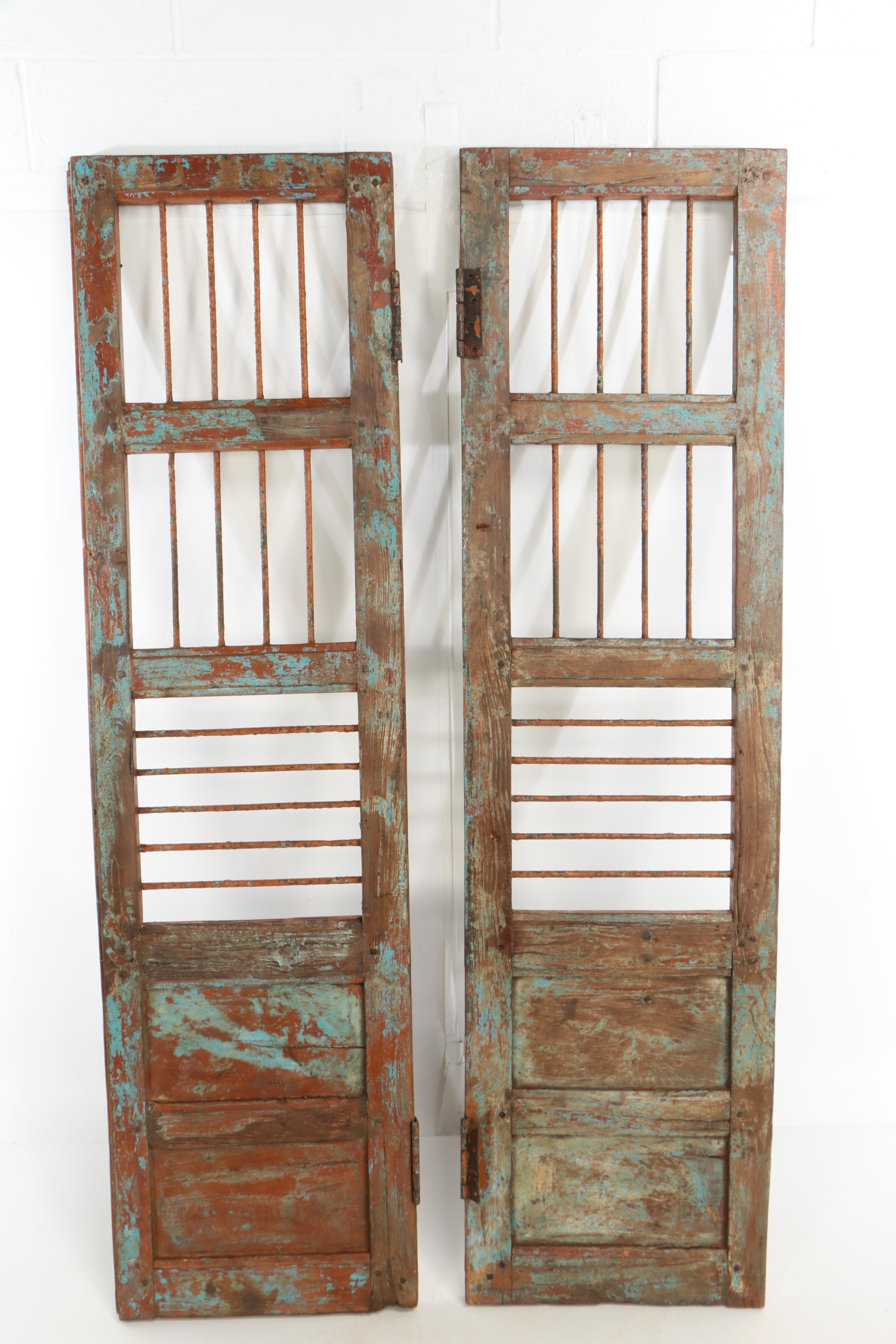 Reclaimed Indian Hardwood French Doors with Iron Security Bars, 20th Century