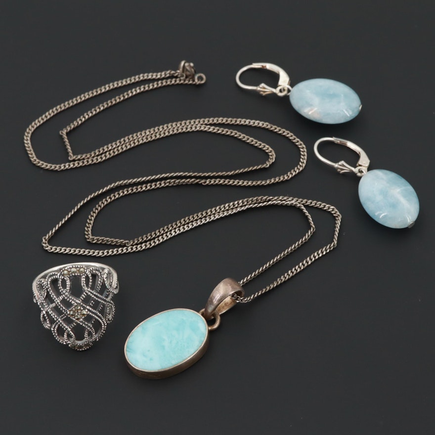 Sterling Silver Blue Beryl, Larimar and Marcasite Necklace, Earrings and Ring