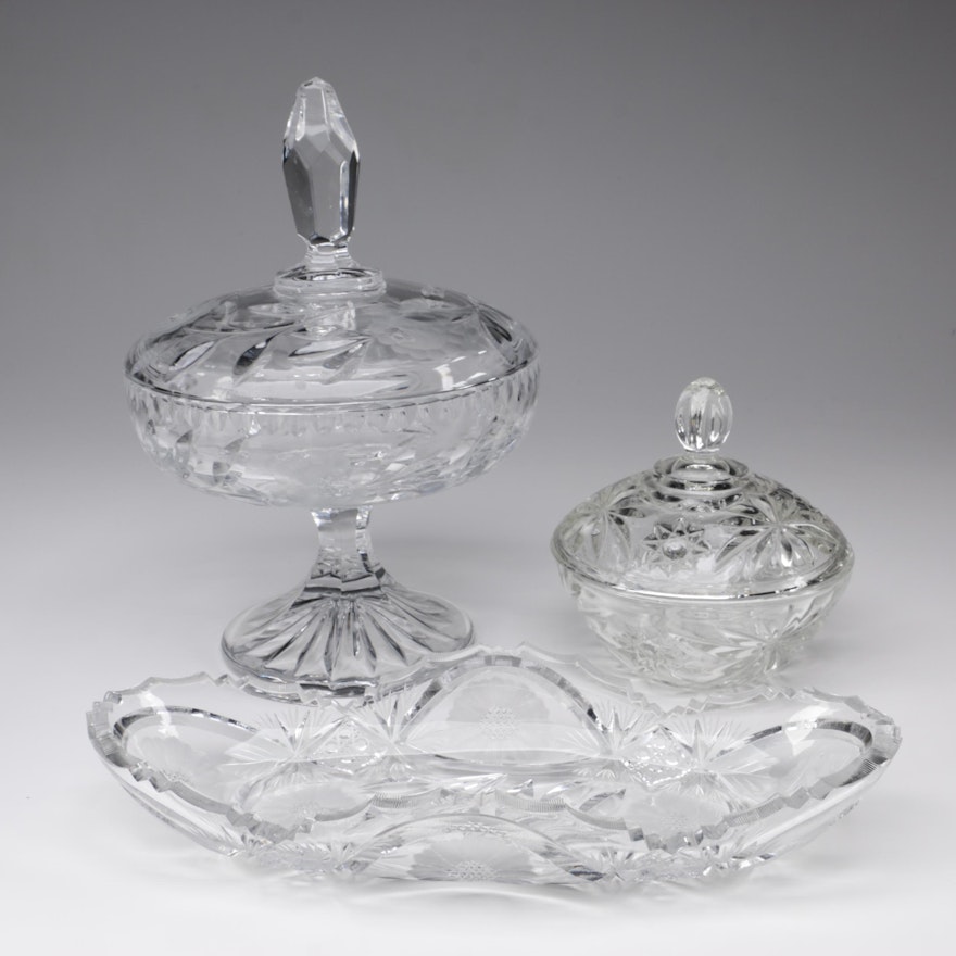 Vintage Crystal Tray and Glass Covered Bowls