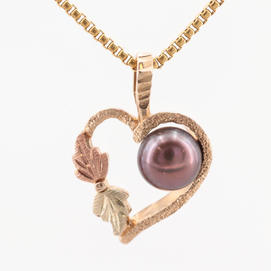 21K Yellow Gold Necklace with 10K Yellow Gold Cultured Pearl Heart Pendant