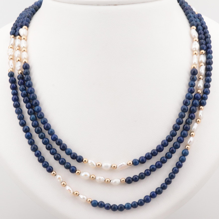 14K Yellow Gold Lapis Lazuli and Cultured Pearl Three Strand Necklace