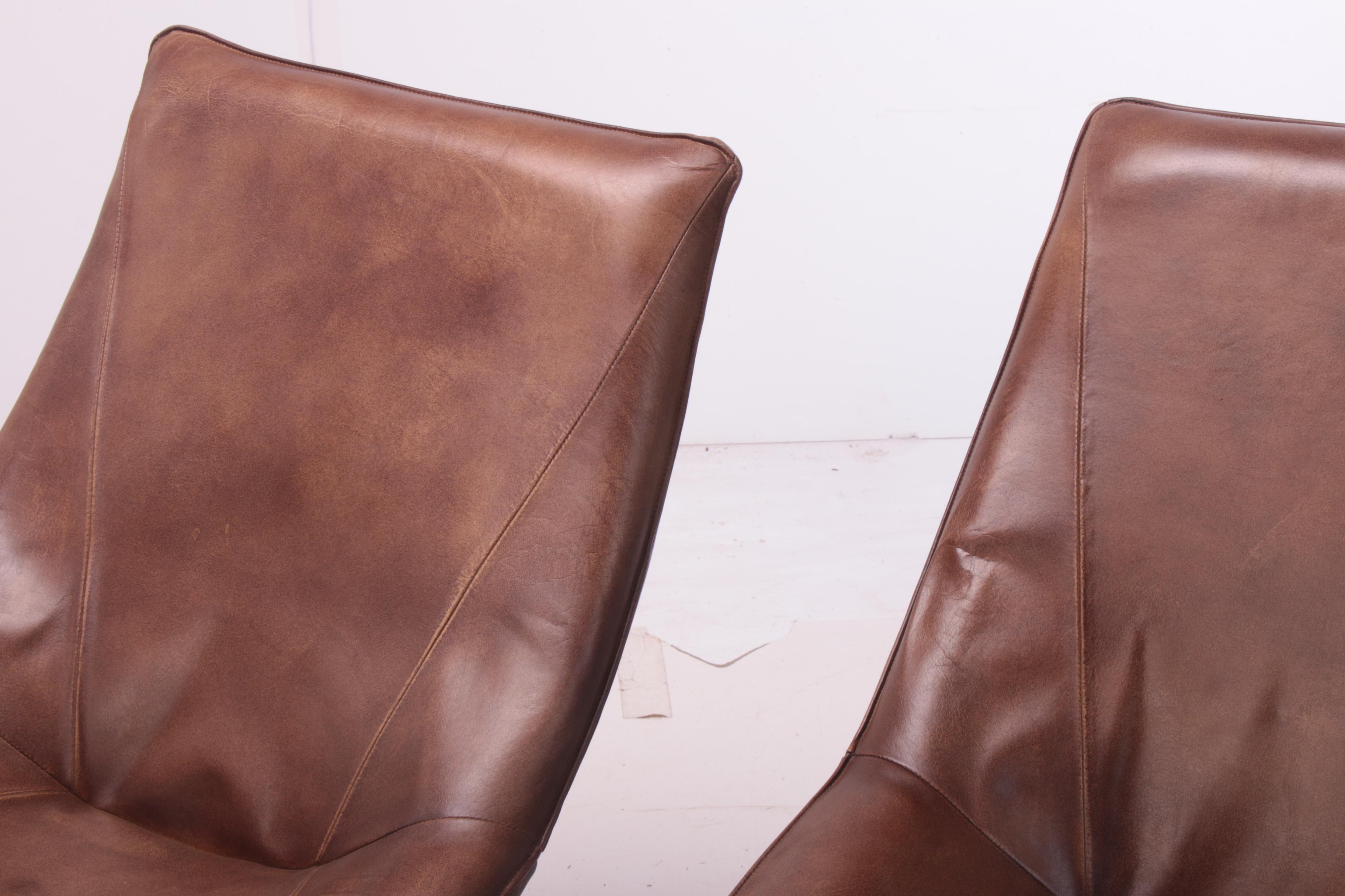 Pair of Modern "Atlas" Brown Leather Lounge Chairs