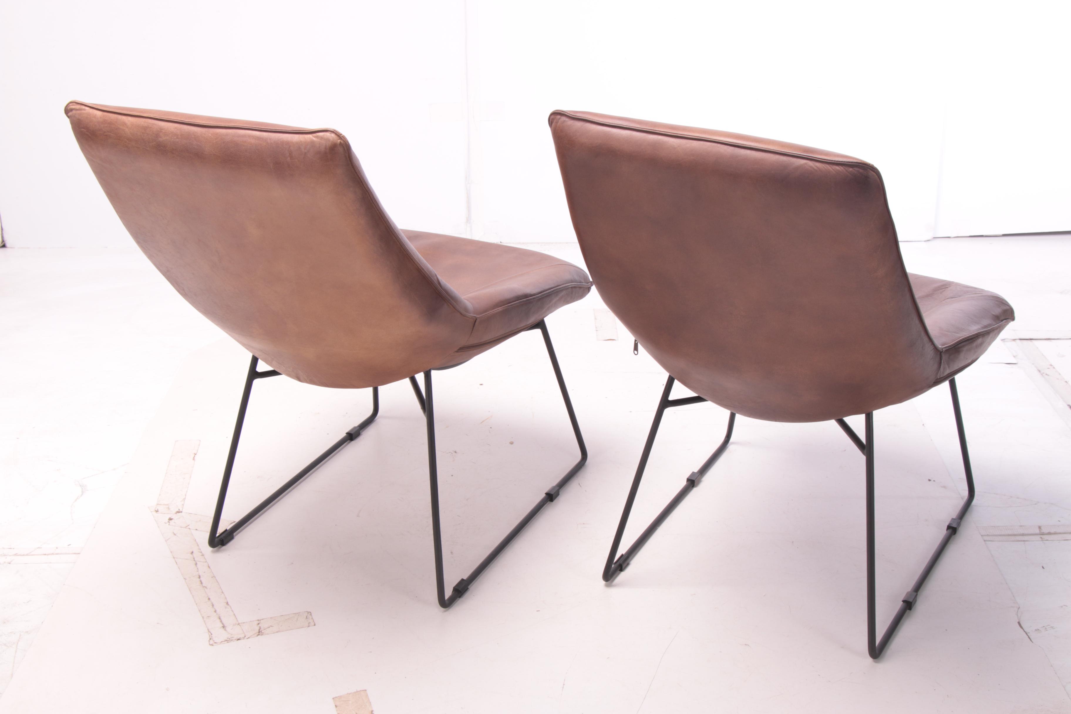Pair of Modern "Atlas" Brown Leather Lounge Chairs