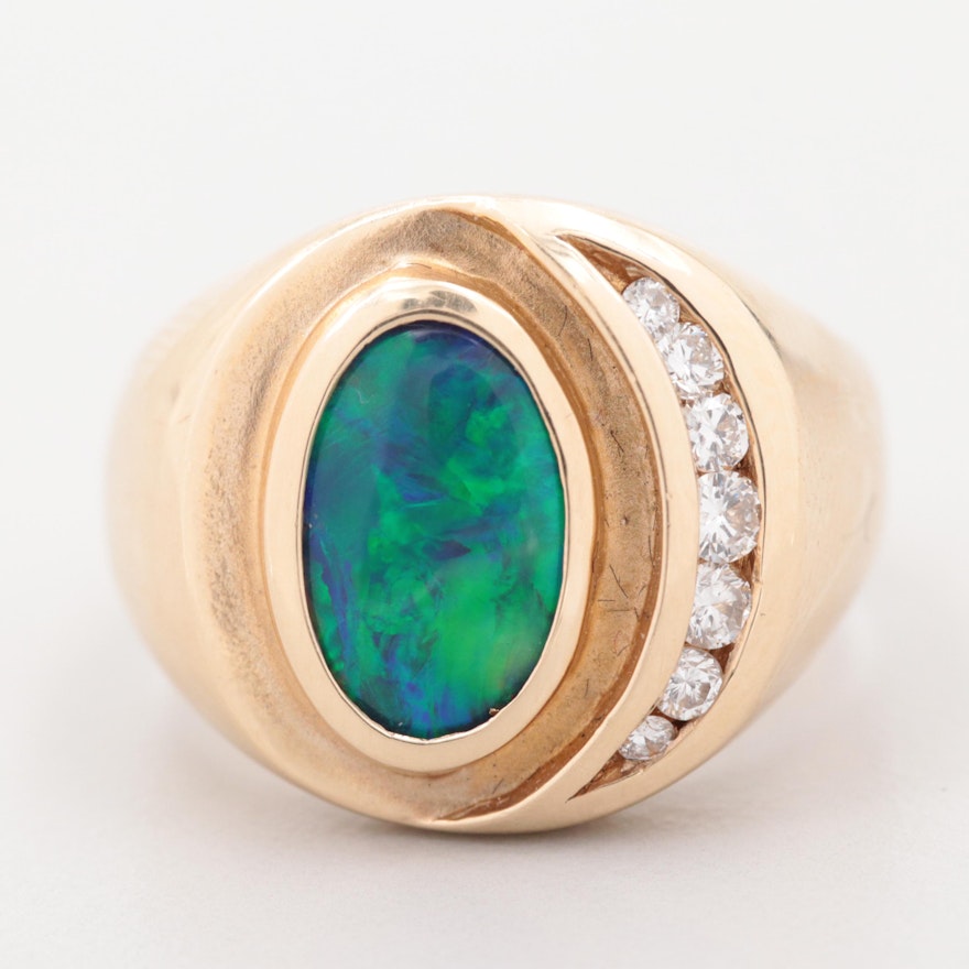 14K Yellow Gold Opal Doublet and Diamond Ring