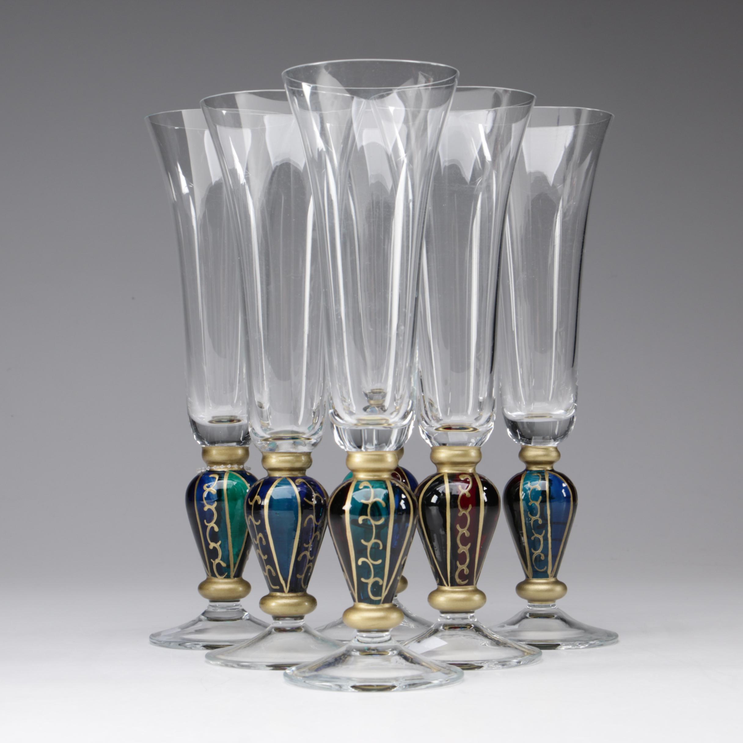 Glass Champagne Flutes with Hand-Painted Stems