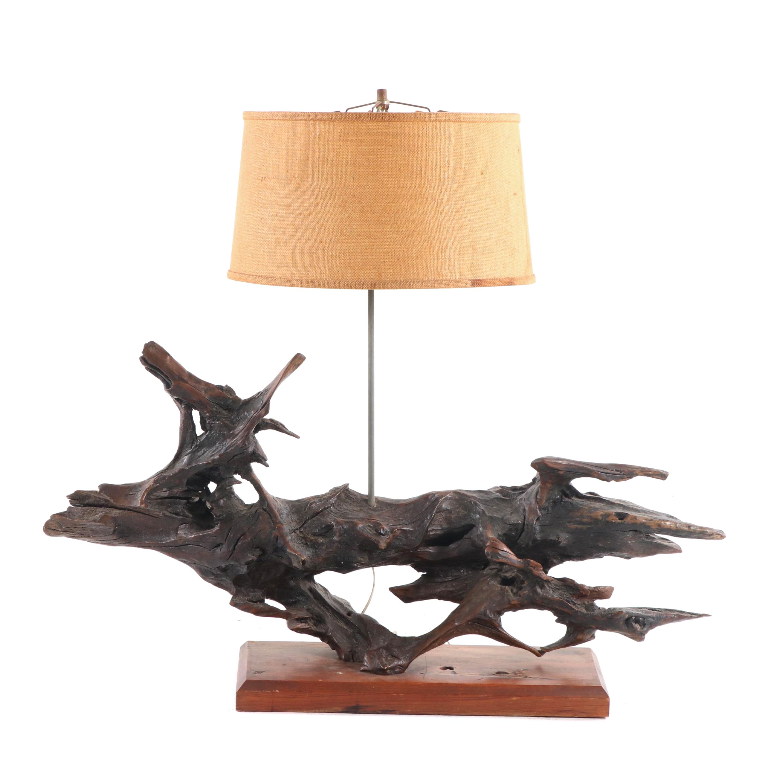 Mounted Driftwood Table Lamp with Shade, Mid to Late 20th Century
