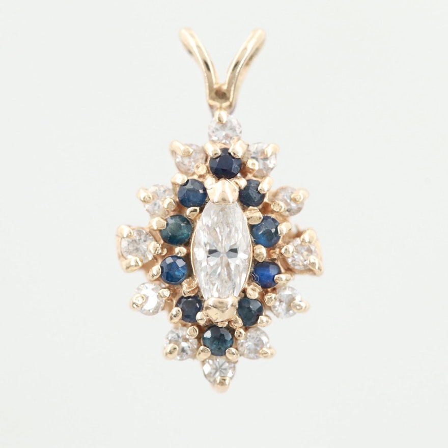 14K Yellow Gold Diamond and Sapphire Pendant