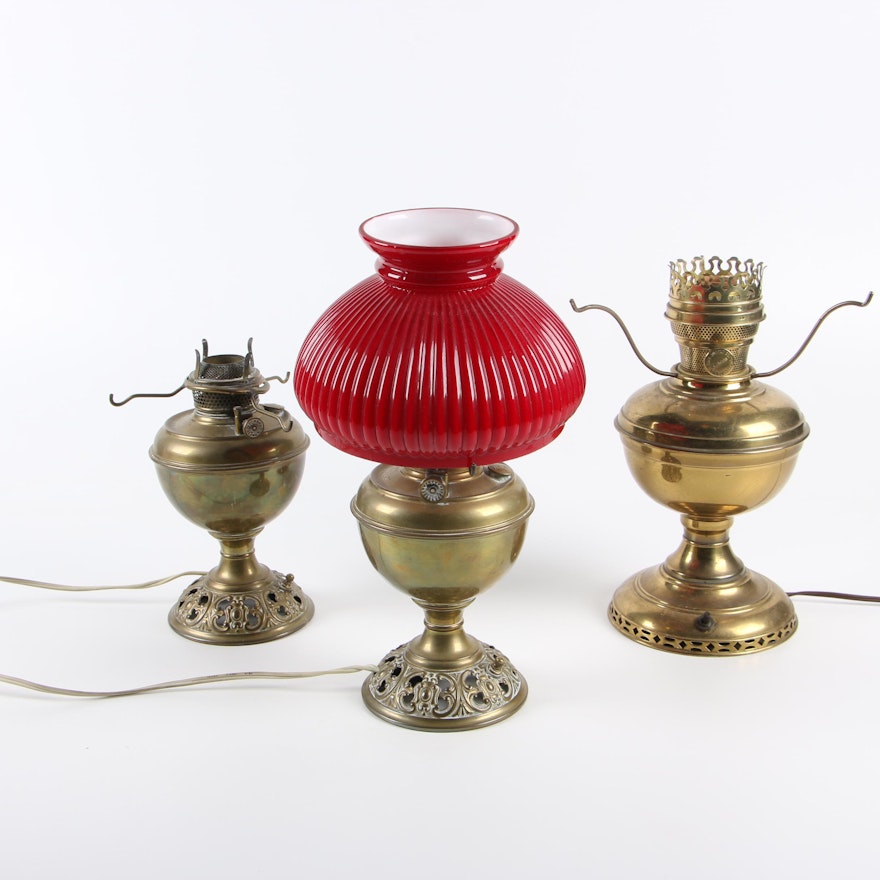 Bradley and Hubbard Converted Oil Lamps with Red Cased Glass Shade