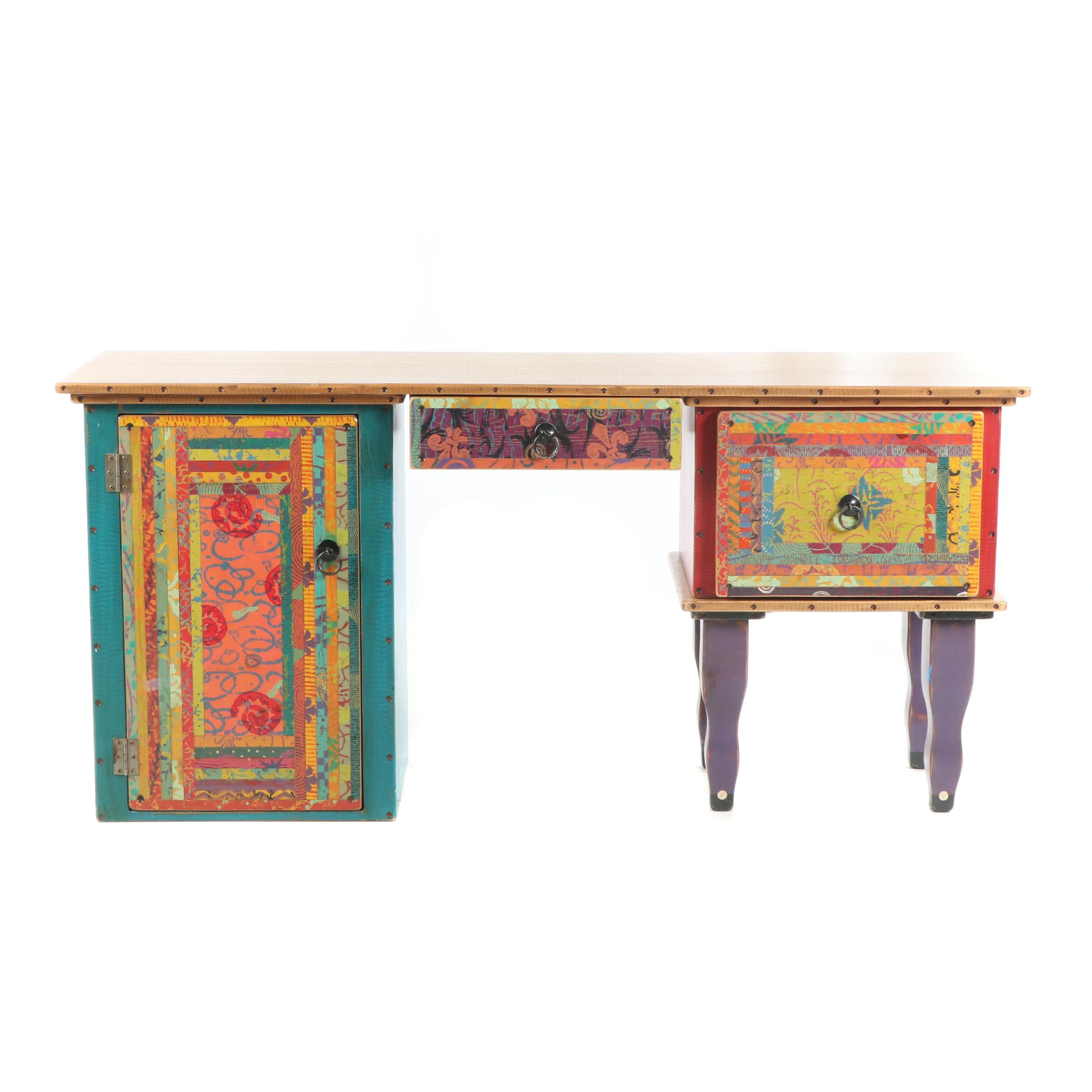Hand-Painted Wood Three-Piece Desk by Shoestring Creations, 21st Century