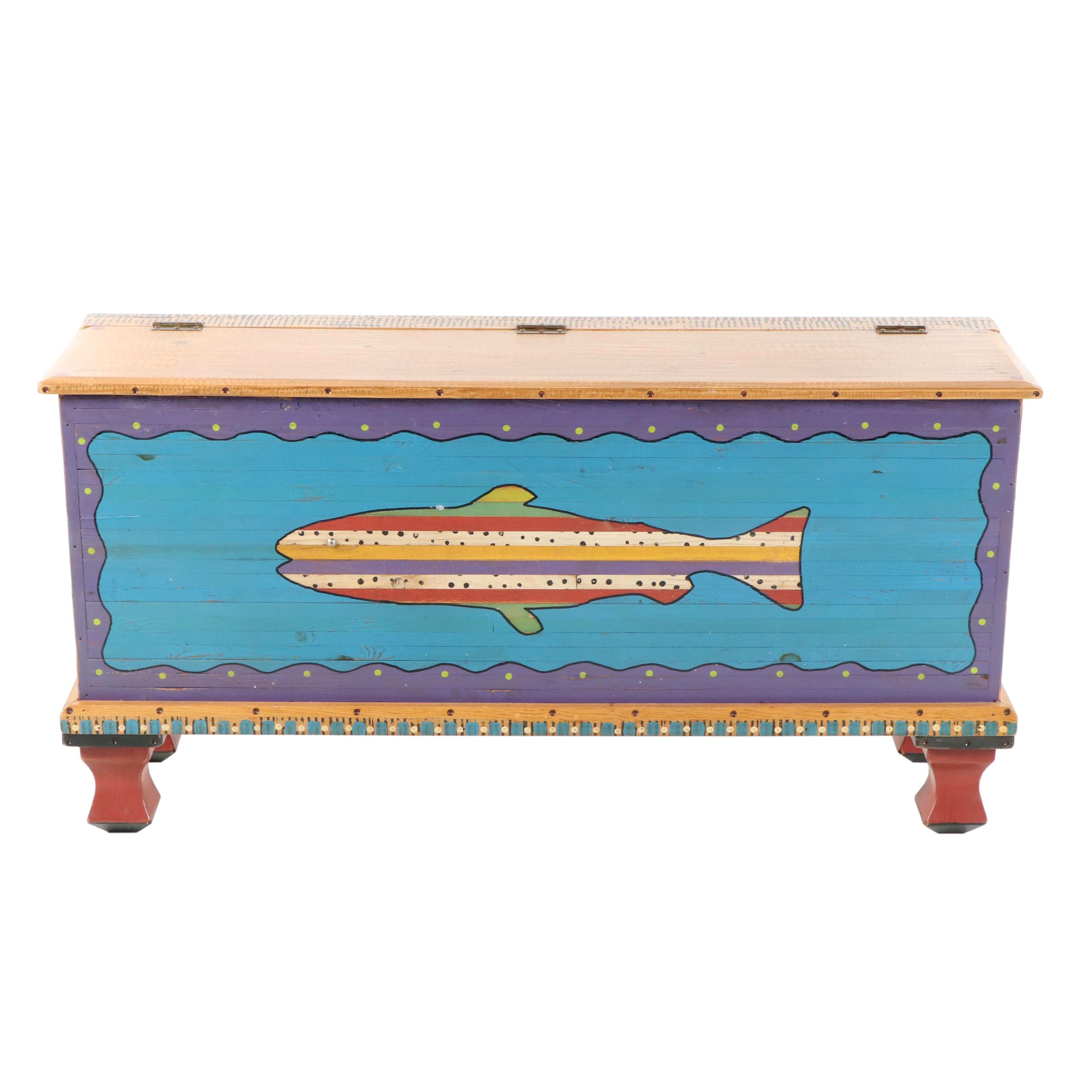 Contemporary Hand Painted Fish Trunk by Shoestring Creations