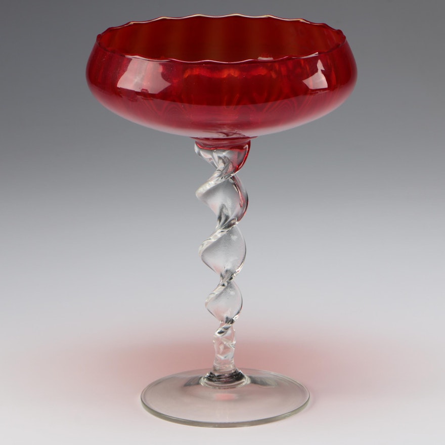 Red Glass Centerpiece Bowl with Helix Stem