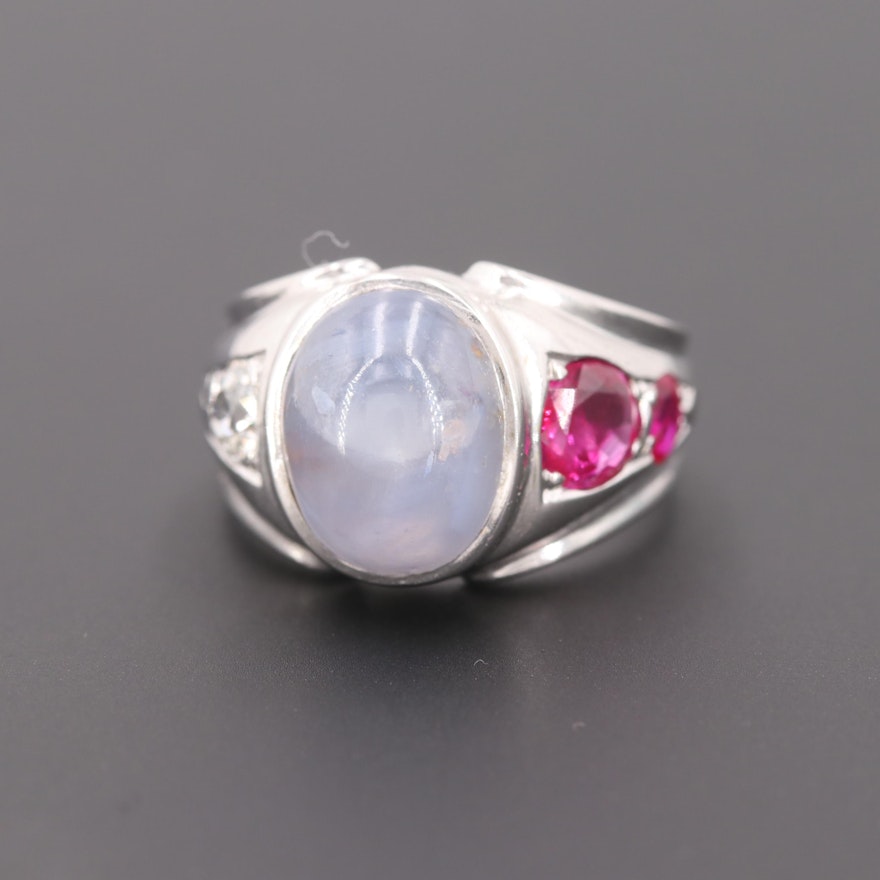 14K White Gold Blue Star Sapphire, Ruby and Diamond Rings