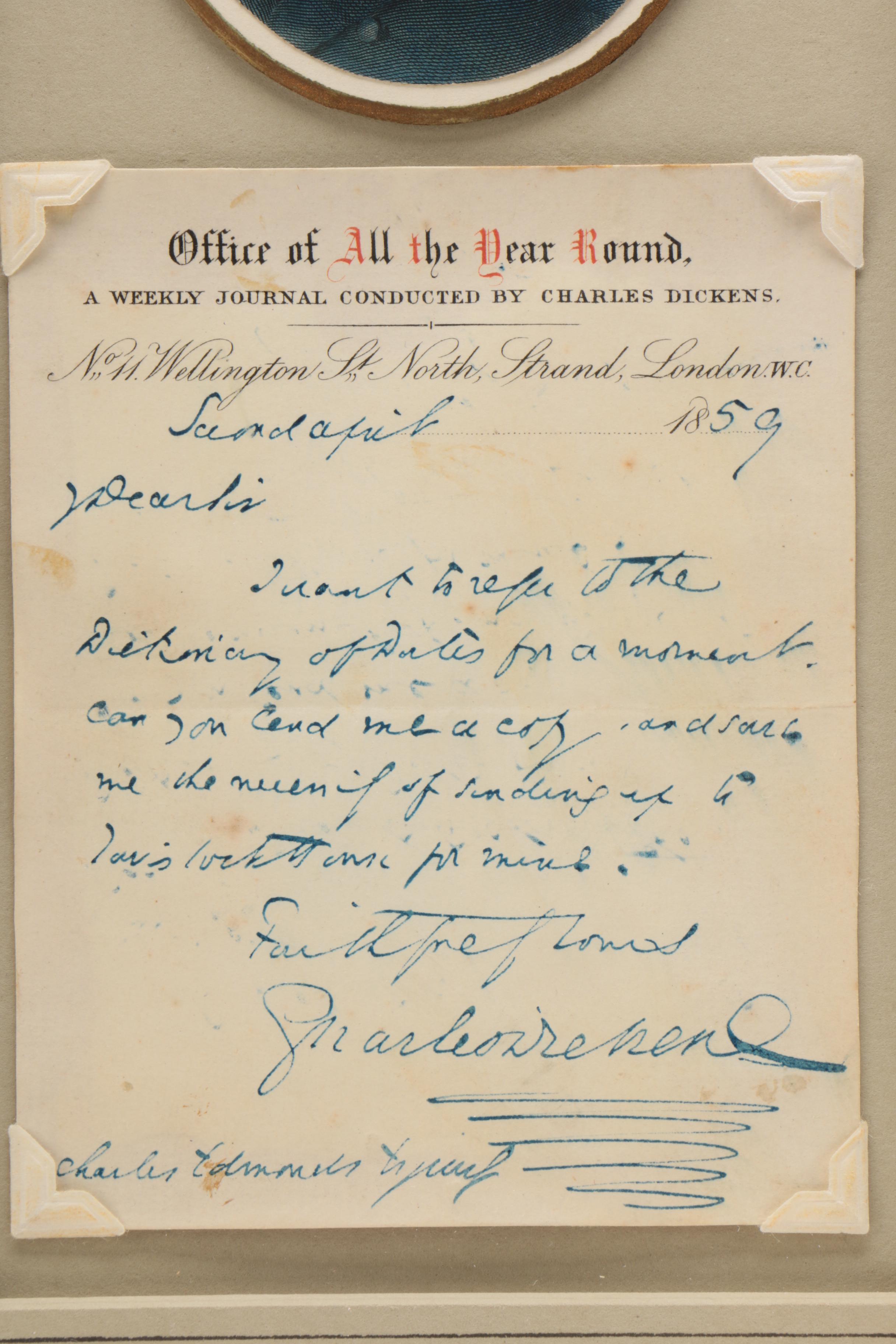 Charles Dickens Autograph Letter Signed, Office of "All the Year Round" 1859