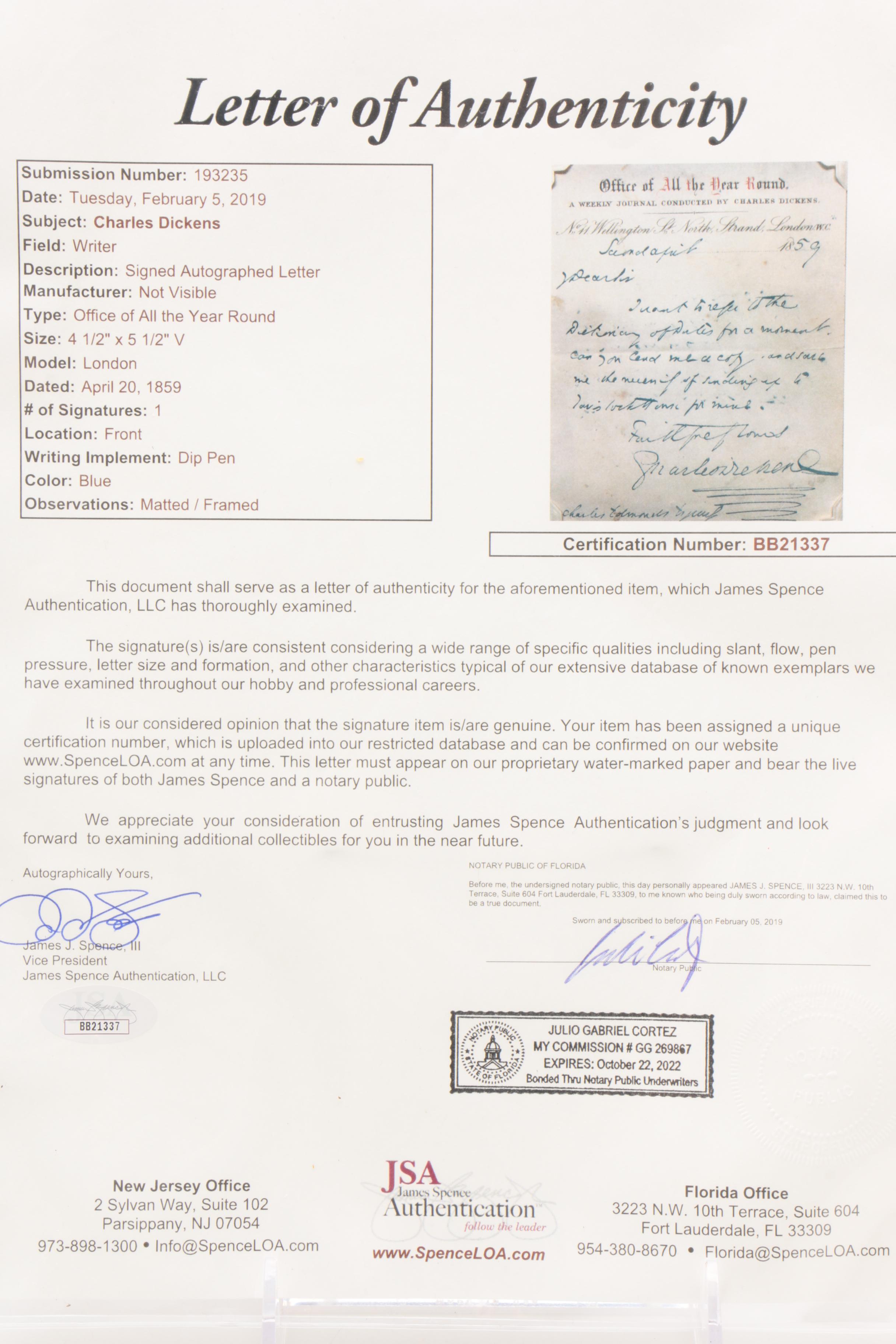 Charles Dickens Autograph Letter Signed, Office of "All the Year Round" 1859