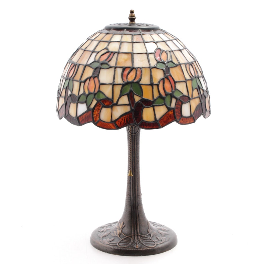 Cast Metal Table Lamp with Slag Glass Shade