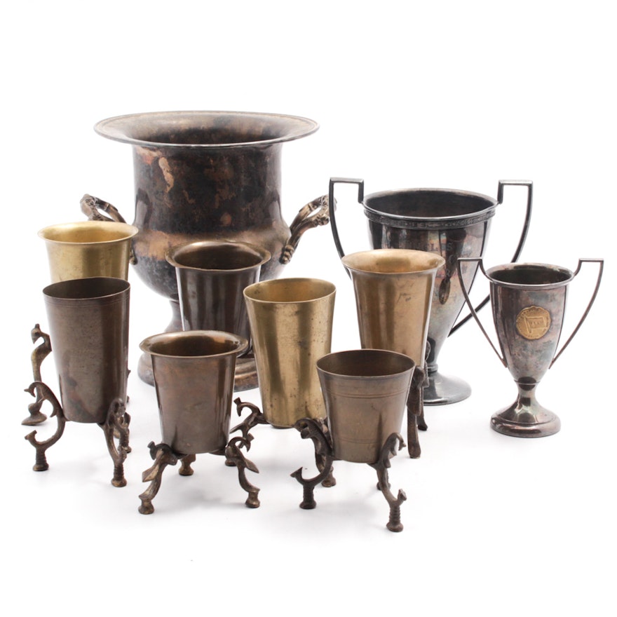 Victorian Style Footed Cups, Trophy Cups and Silver Plate Trophy Bucket