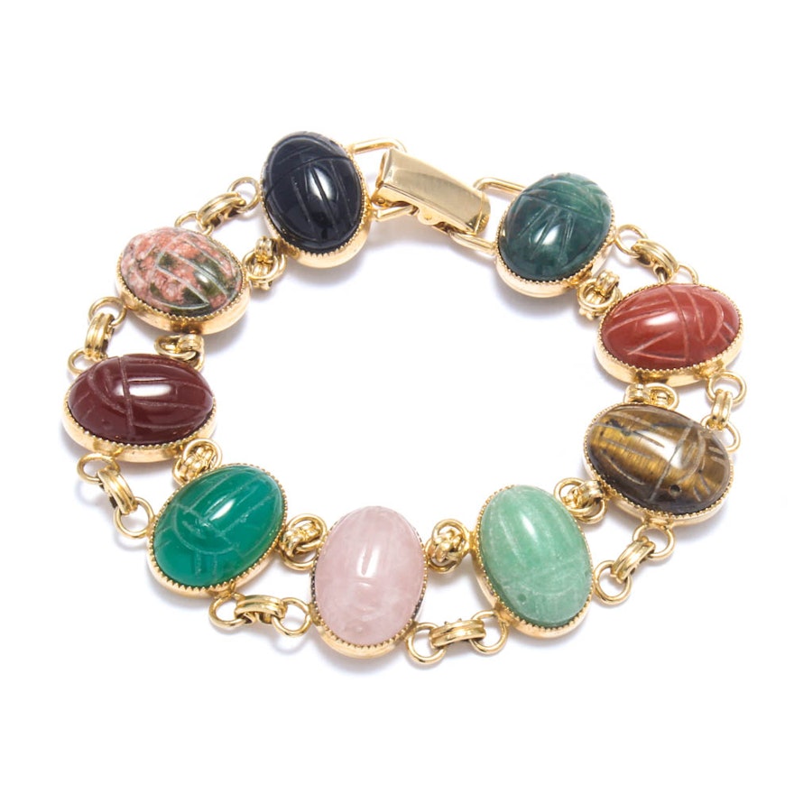 Gold Wash on Sterling Silver Carved Gemstone Scarab Bracelet