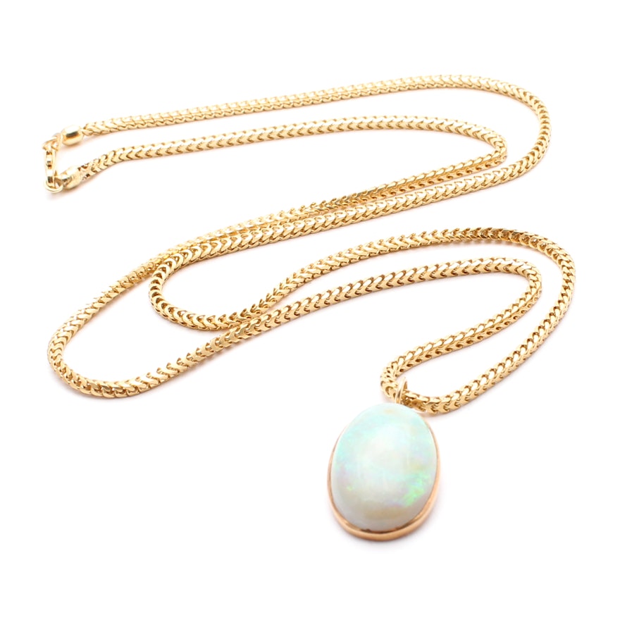 18K Yellow Gold Necklace Chain with 14K Yellow Gold Opal Pendant