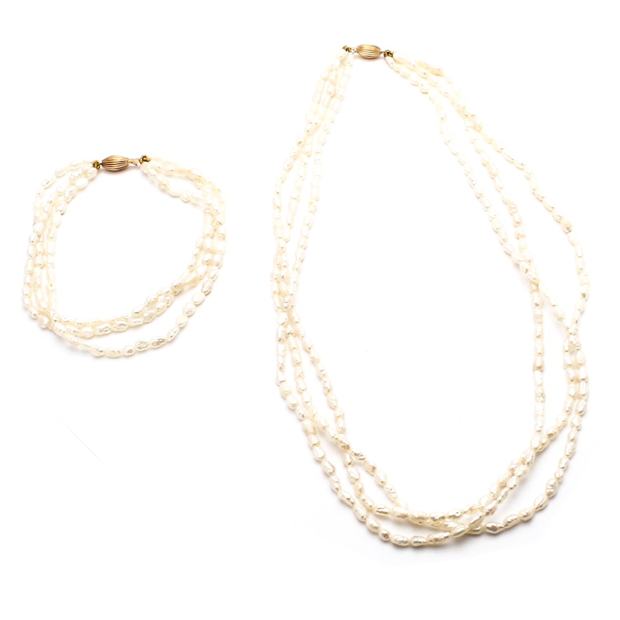 14K Gold and Cultured Freshwater Pearl Necklace and Bracelet