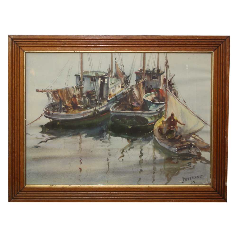 James Milton Sessions Watercolor of Fishing Boats