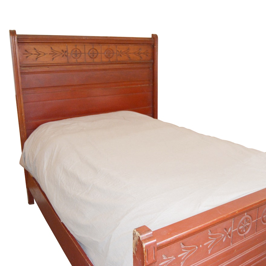 Scandinavian Style Carved Red Stained Wood Full Bed, Late 20th Century