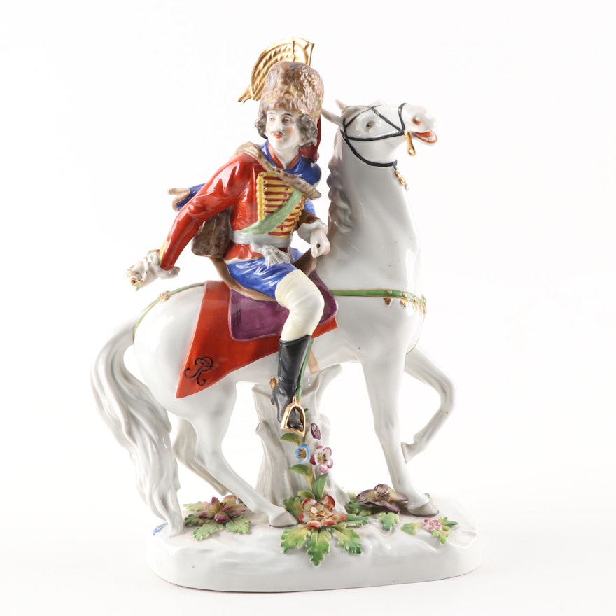 German Porcelain Military Figurine Attributed to Volkstedt, Hussar, Early 20th C
