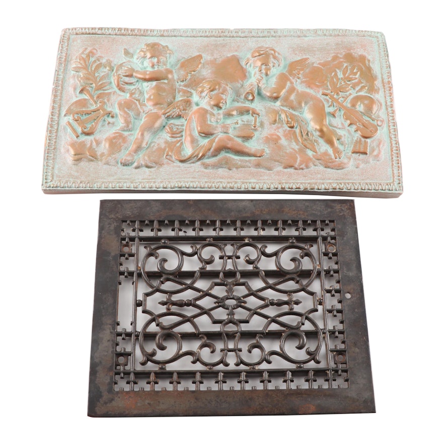 Architectural Cast Iron Grate and Verdigris and Gilt Putti Wall Plaque