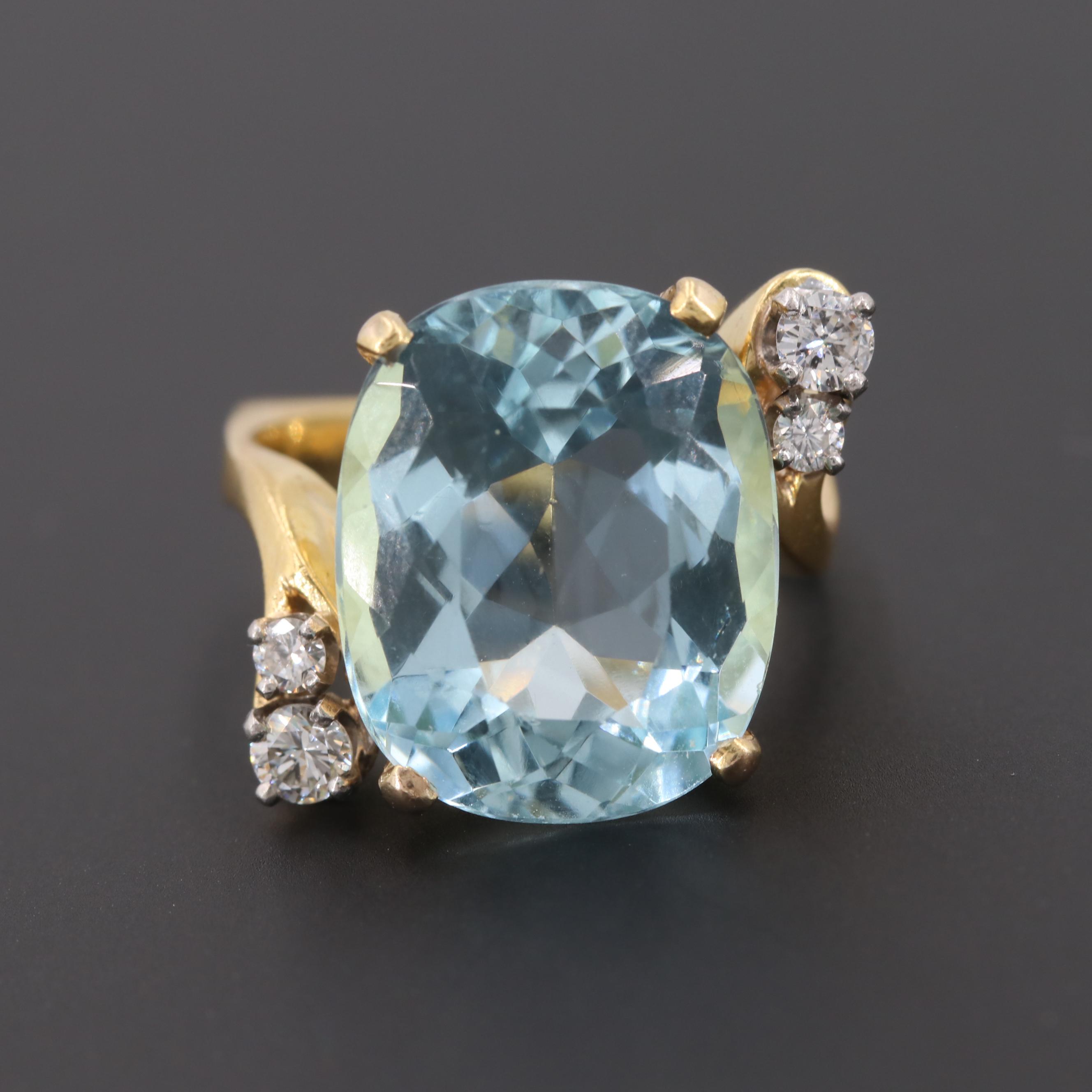 18K Yellow Gold 10.22 CT Aquamarine and Diamond Ring