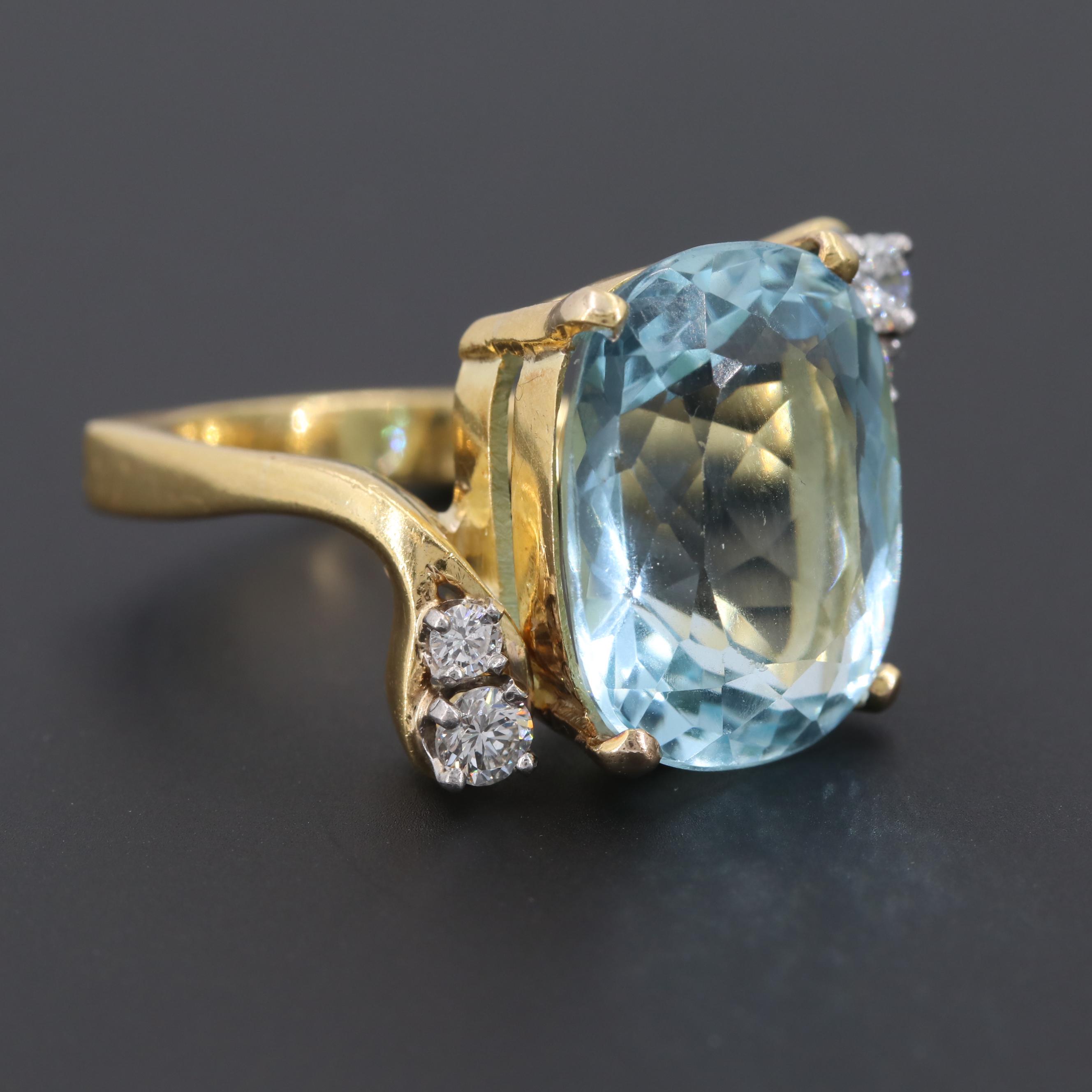 18K Yellow Gold 10.22 CT Aquamarine and Diamond Ring