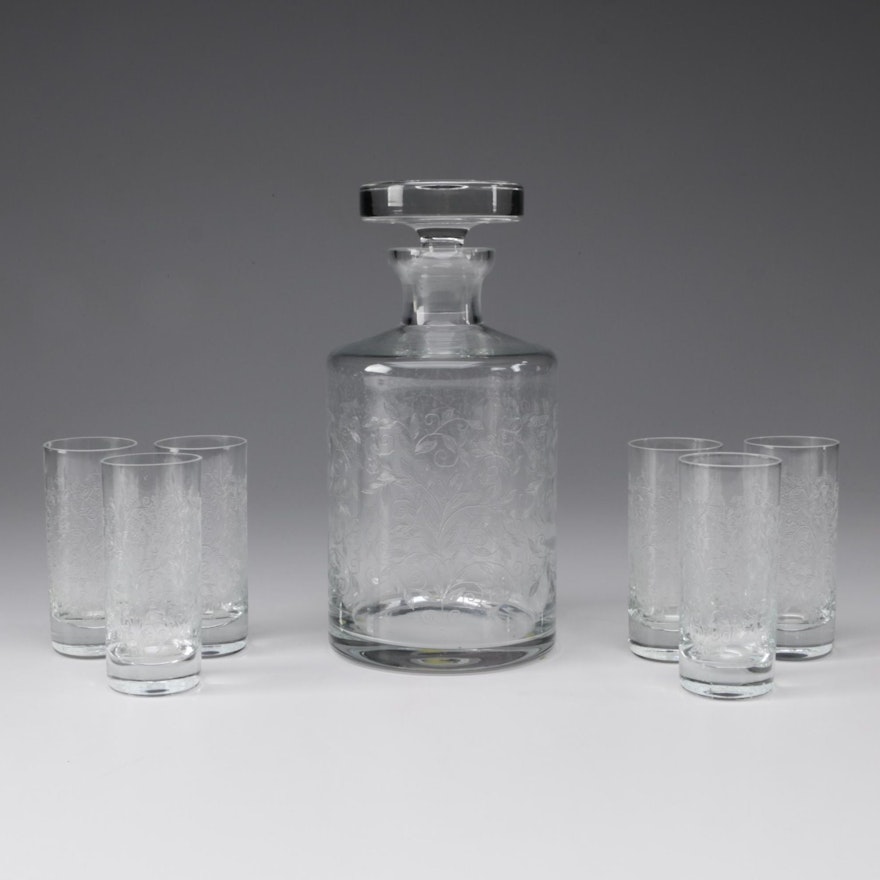 Crystal Decanter and Cordial Glasses with Foliate Design
