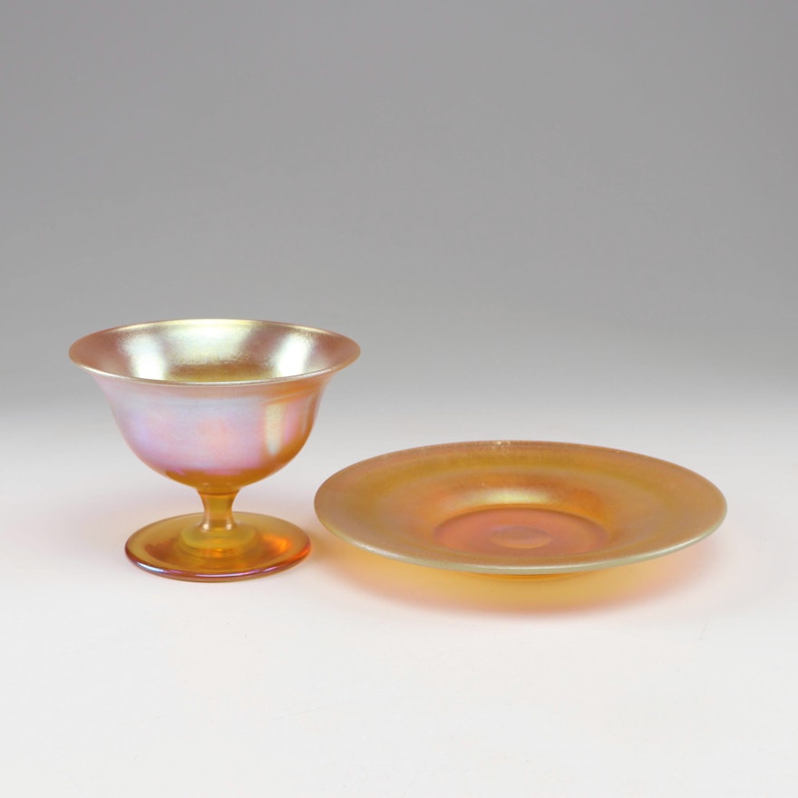 Tiffany Studios Style Iridescent Glass Sherbet Bowl and Plate