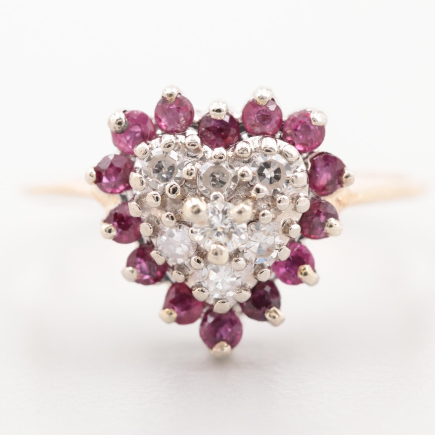14K Yellow Gold Diamond and Ruby Cluster Heart Ring